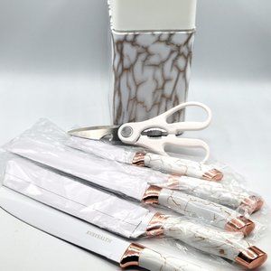 6 Knives Kitchen Cutlery White/Gold Handles Plastic Block Holder EVEYEALTH New